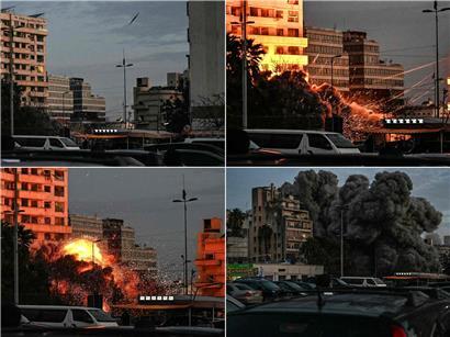 Eine israelische Raktete zerstört ein Haus in Beirut