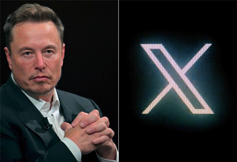 Elon Musk, CEO von SpaceX, Twitter und dem Elektroautohersteller Tesla, während seines Besuchs auf der Technologie-Startup- und Innovationsmesse Vivatech und (rechts) das neue Twitter-Logo, das in X umbenannt wurde
