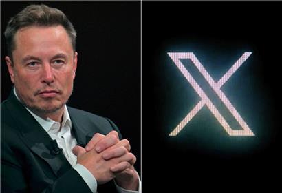 Elon Musk, CEO von SpaceX, Twitter und dem Elektroautohersteller Tesla, während seines Besuchs auf der Technologie-Startup- und Innovationsmesse Vivatech und (rechts) das neue Twitter-Logo, das in X umbenannt wurde
