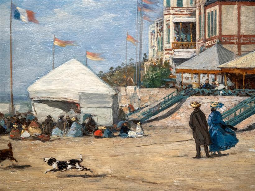 En peignant sur le motif: détail de „La Plage a Trouville“ (1863, huile, 34 x 58 cm)
