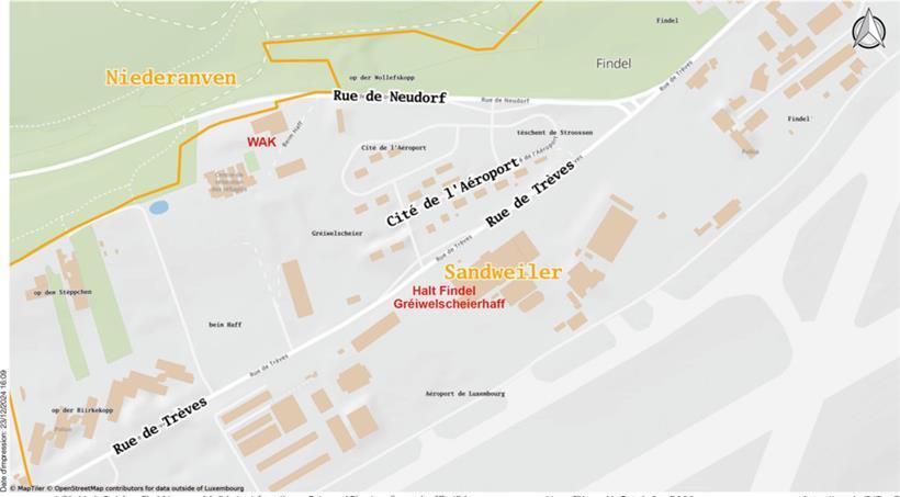 Entlang von Hauptstraßen, aber auch über die verlassene „Cité de l’Aéroport“ gelangt man in Findel von der Bushaltestelle „Gréiwelscheierhaff“ zur Winteraktion

