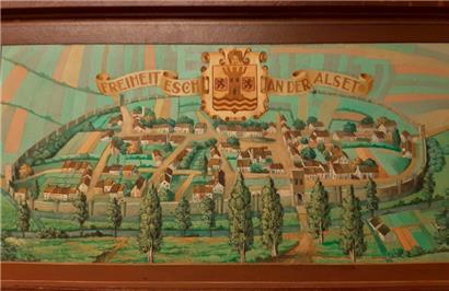 Esch, wie es einst war oder durchaus gewesen sein könnte. Das Bild hängt heute im Keller des OGBL. Anscheinend existiert noch eine größere Version davon in der Bruch-Schule.
