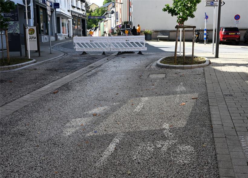 Etwas verblasst, doch noch sichtbar – in der Grand-rue in Wiltz endet der Fahrradweg abrupt im Baum
