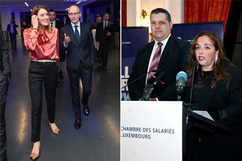 Europaparlamentspräsidentin Roberta Metsola und Premier Luc Frieden beim Neujahrsempfang der Fedil (links) und Nora Back, Präsidentin der Chambe des salariés, auf dem Neujahrsempfang der CSL (rechts)
