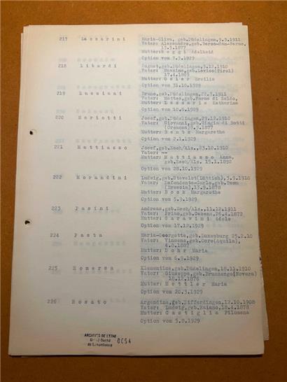 Extrait de la liste établie par l’occupant nazi recensant les jeunes hommes et femmes italiens ayant opté pour la nationalité luxembourgeoise avant 1940
