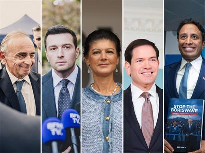 Extreme Ansichten mit Migrationshintergrund: Éric Zemmour, Jordan Bardella, Sahra Wagenknecht, Marco Rubio und Zia Yusuf (von links nach rechts)