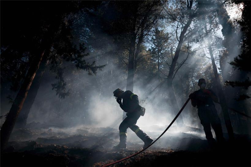 Feuerwehrleute versuchen auf der griechischen Insel Chios einen Waldbrand zu löschen
