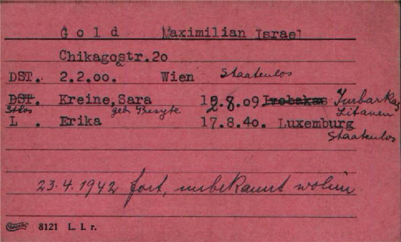 Gestapo-Akte der Familie Gold 1942 mit den von Nazis hinzugefügten Vornamen Israel und Sara