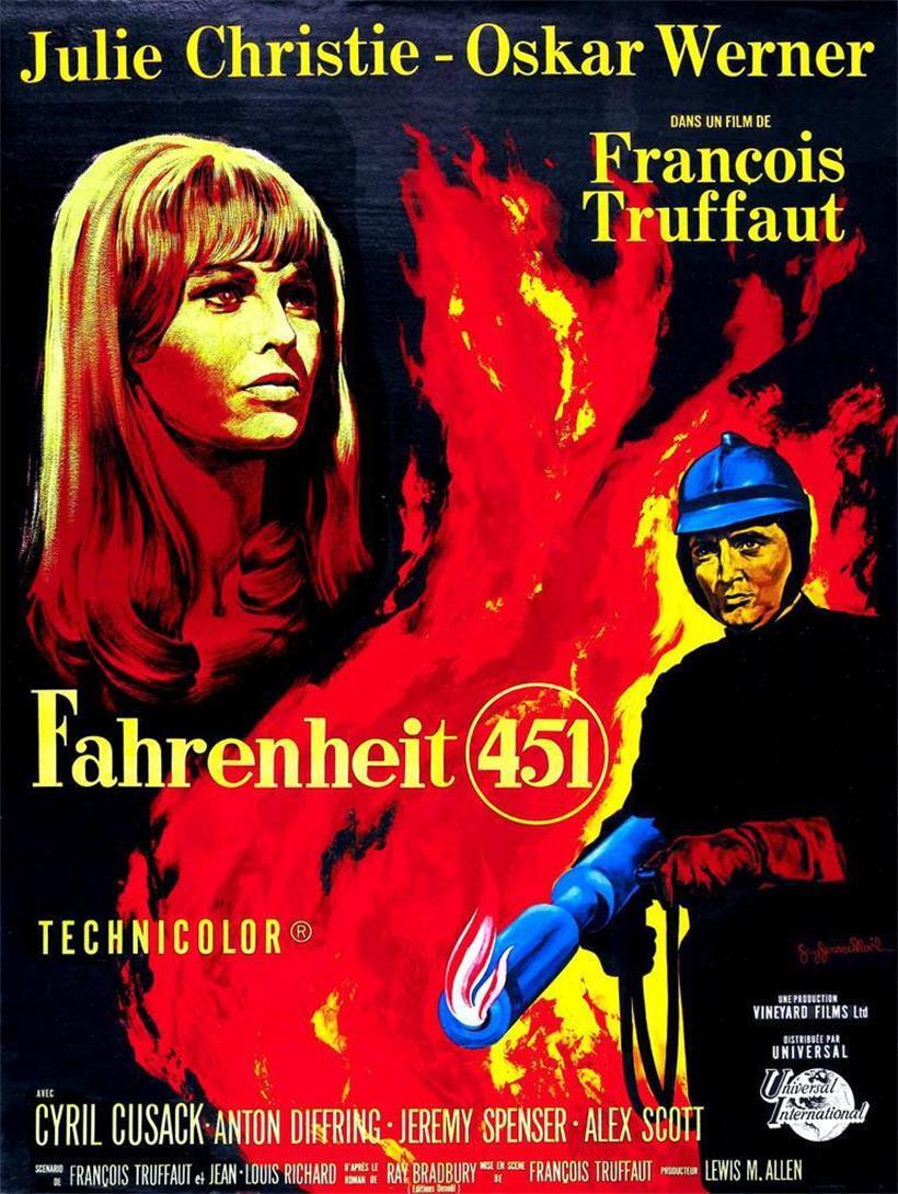 Filmplakat des dystopischen Science-Fiction-Films „Fahrenheit 451“ mit brennendem Buch und rotem Hintergrund