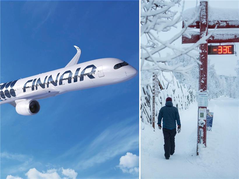 Finnair Flugzeug am Flughafen Luxemburg, Winterflug nach Helsinki bei eisigen -33 Grad in Nordfinnland