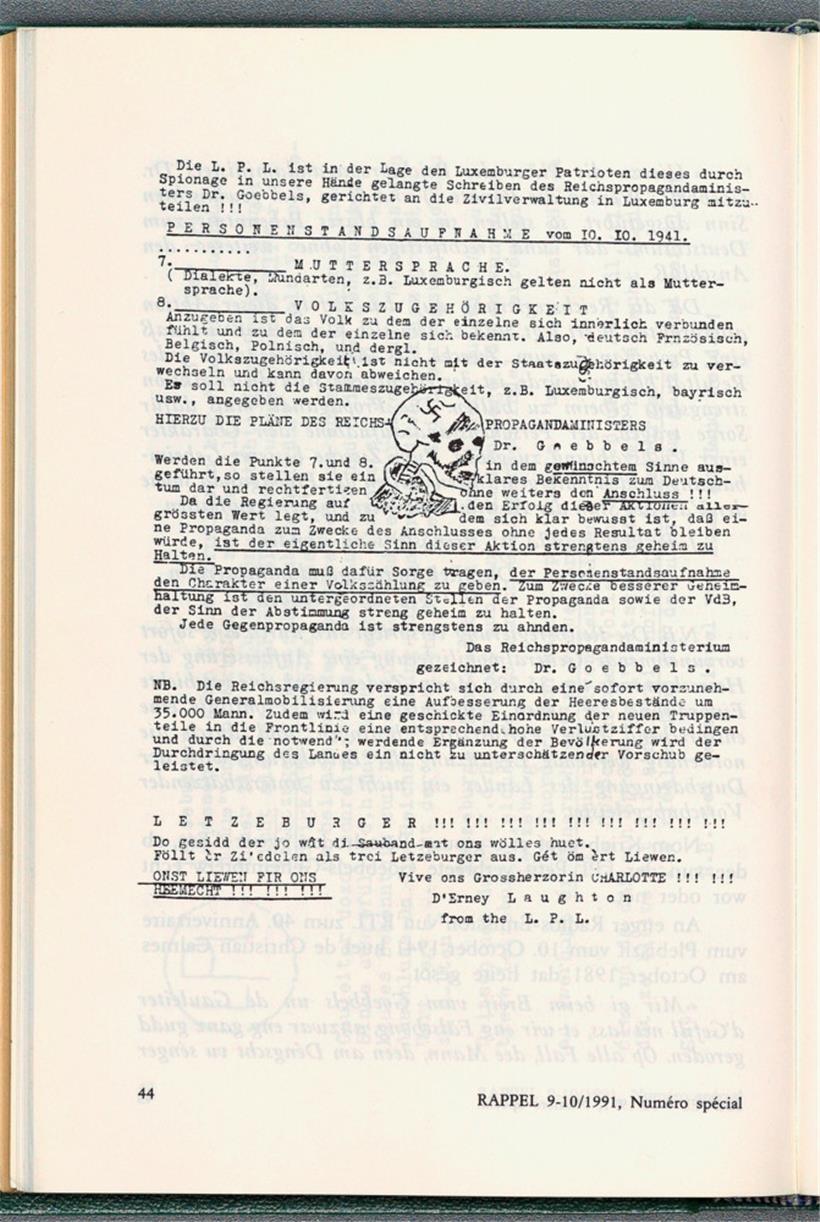 Flugblatt der „Letzeburger Patriote Liga“ (LPL) von Oktober 1941 mit dem gefälschten Goebbels-Brief
