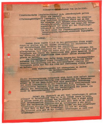 Flugblatt der Resistenzgruppe Alweraje (ALbert Wingert, WEnzel Profant, RAymond Arensdorf, JEan Doffing) mit dem fiktiven Goebbels-Brief und dem Aufruf der Alweraje, „Letzeburger an nach emol Letzeburger“ auf die Zettel zu schreiben
