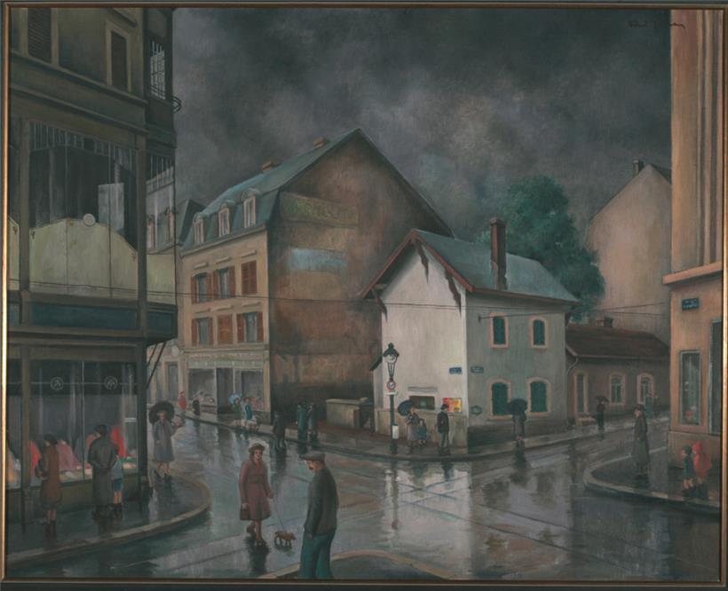 Foni Tissen, „Rue de la Gare à Esch“, 1959, huile sur toile, 65 x 81 cm © Collection particulière
