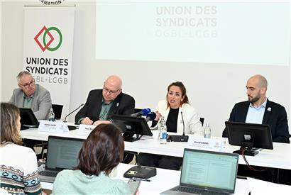 Francis Lomel und Patrick Dury (LCGB) mit Nora Back und David Angel (OGBL) in der Salariatskammer am Freitagvormittag