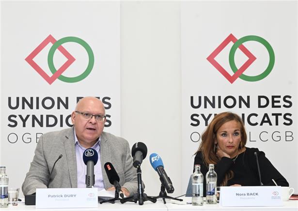 Für sie verfehlt der Aktionsplan sein eigentliches Thema: die beiden Gewerkschaftspräsidenten Patrick Dury (LCGB, l.) und Nora Back (OGBL)
