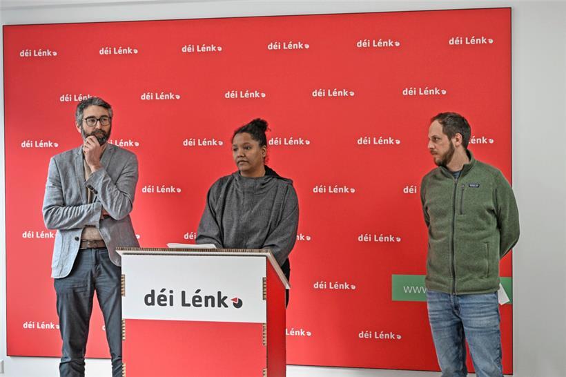 Gary Diderich, Ana Correia da Veiga und Eric Weirich präsentierten am Mittwoch das Wohnungsbaupaket von „déi Lénk“
