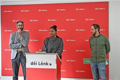Gary Diderich, Ana Correia da Veiga und Eric Weirich präsentierten am Mittwoch das Wohnungsbaupaket von „déi Lénk“
