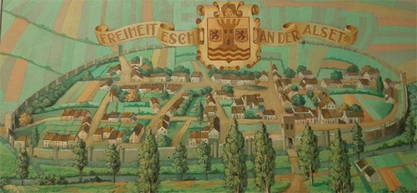 Gemaltes Bild der befestigten Stadt Esch im Jahr 1570
