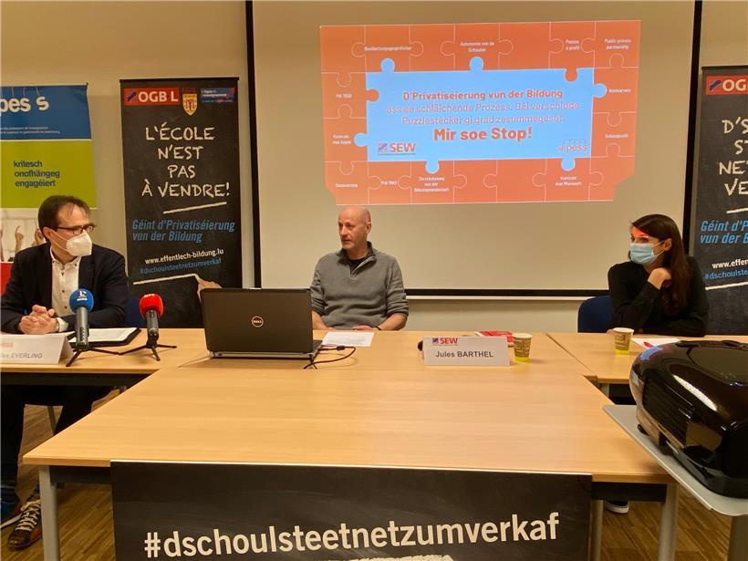 Gilles Everling, Jules Barthel und Vera Dockendorf werfen Minister Claude Meisch eine schleichende Privatisierung der Bildung in Luxemburg vor
