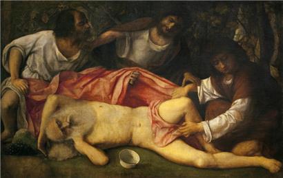 Giovanni Bellini, „La Dérision de Noé“, vers 1513-1515, huile sur toile, 103 x 157 cm, Musée des Beaux-Arts et d’Archéologie, Besançon
