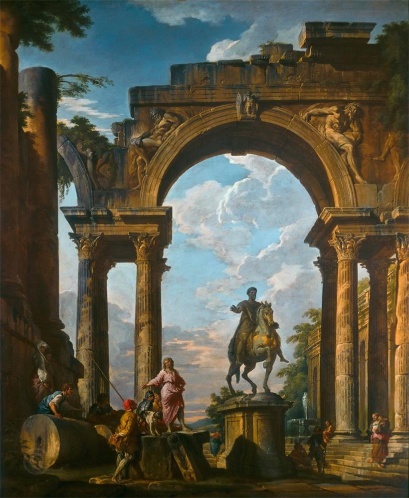 Giovanni Paolo Pannini (1691-1765): Capriccio mit Statue von Marc Aurel
