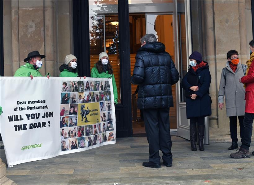 Greenpeace-Demo gegen Investitionen in fossile Energieträger vor der Debatte
