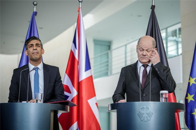 Großbritanniens Premierminister Rishi Sunak am 24. April in Berlin bei Bundeskanzler Olaf Scholz
