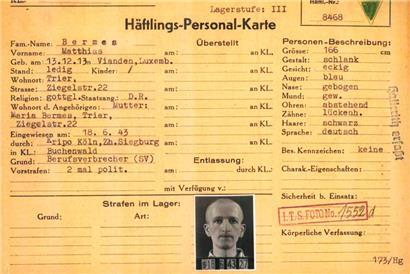 Häftlingskarteikarte von Matthias Bermes, einem als „Berufsverbrecher“ klassifizierten Luxemburger, Weimar 1943
