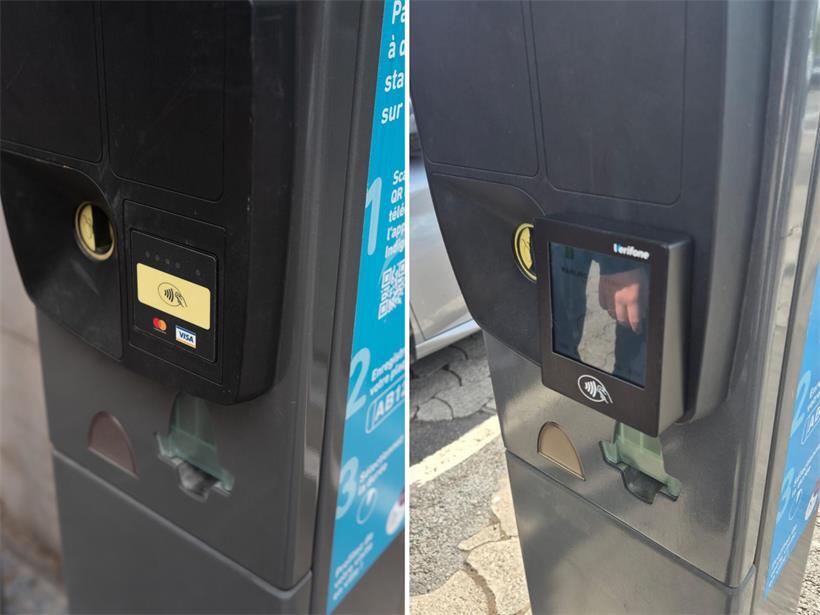Hätten Sie es bemerkt? Links der Parkautomat in Luxemburg, wie er normalerweise aussieht, rechts mit dem aufgeklebten Lesegerät