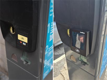 Hätten Sie es bemerkt? Links der Parkautomat in Luxemburg, wie er normalerweise aussieht, rechts mit dem aufgeklebten Lesegerät