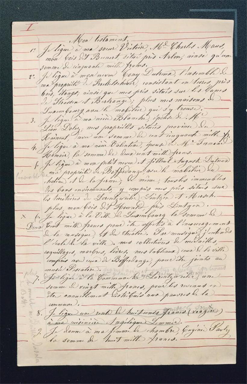 Handschriftliches Testament von Eugénie Pescatore-Dutreux vom 3. Mai 1894, erste Seite 