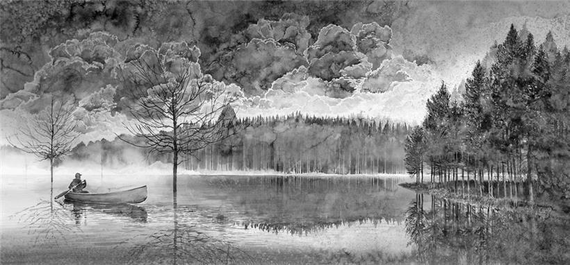 Hans Op de Beeck, Lake, cloudy day, canoe, 2014
