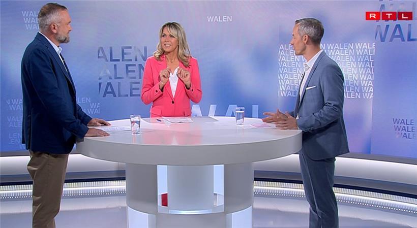 Herausforderer Steve Faltz (l.) und Bürgermeister Georges Mischo im „Face-à-Face“, moderiert von Mariette Zenners
