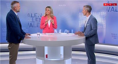 Herausforderer Steve Faltz (l.) und Bürgermeister Georges Mischo im „Face-à-Face“, moderiert von Mariette Zenners
