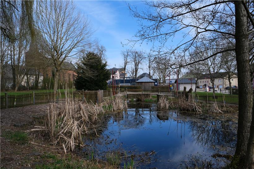 Idyllische Plätze wie diese gibt es überall in der Gemeinde. Links im Hintergrund die Kirche. Der rot schimmernde Buntsandstein ist typisch für Mertzig. 
