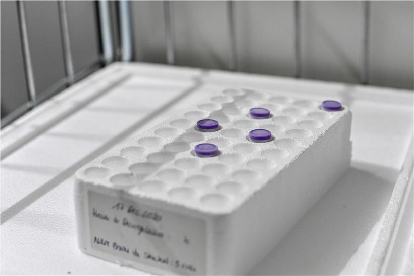 Impfstoffdosen werden im Krankenhaus „Saint Luc“ in Brüssel während eines Testlaufs des Corona-Impfstofftransports vom Pharmaunternehmen zur Impfstelle aufgetaut
