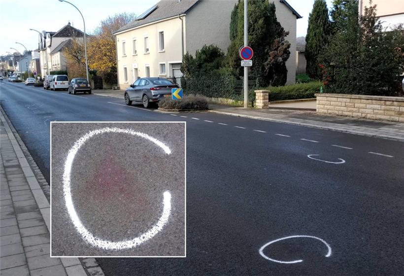 In der rue d’Athus hat die Polizei Blutspuren markiert (Detailfoto)
