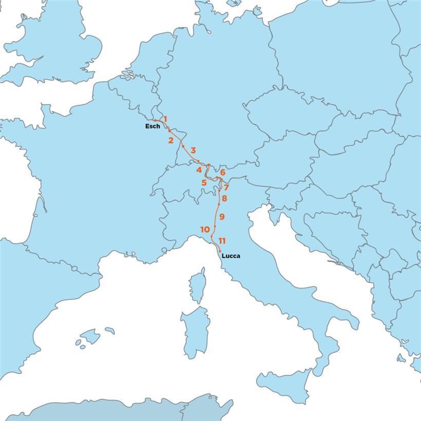 In elf Etappen geht es für Claude Roeltgen und Samuel Baum von Esch nach Lucca
