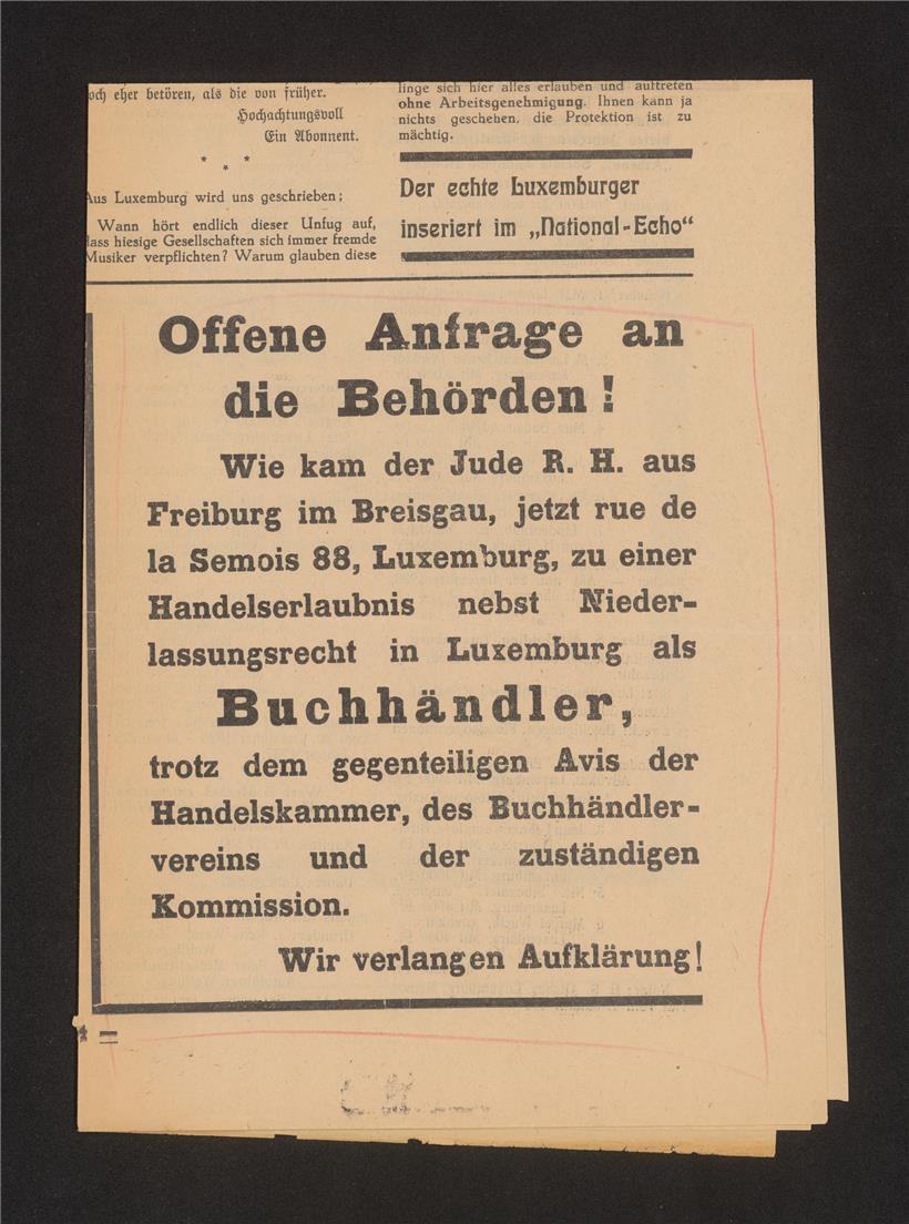 Inserat gegen Hellmann in der Pro-Nazi- und antisemitischen Zeitung „National-Echo“ am 23.1.1937
