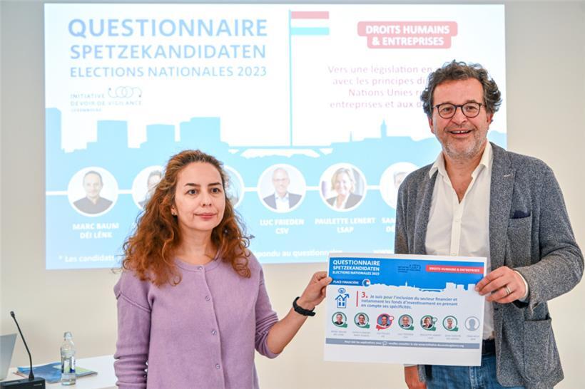 Jean-Louis Zeien, Koordinator der „Initiative pour un devoir de vigilance“, und Antoniya Argirova (Greenpeace) stellen die Ergebnisse der Befragung vor
