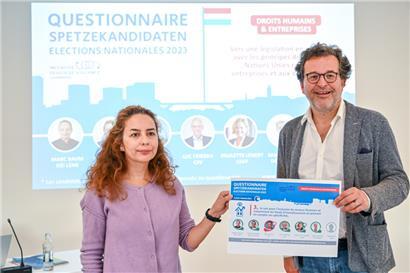 Jean-Louis Zeien, Koordinator der „Initiative pour un devoir de vigilance“, und Antoniya Argirova (Greenpeace) stellen die Ergebnisse der Befragung vor
