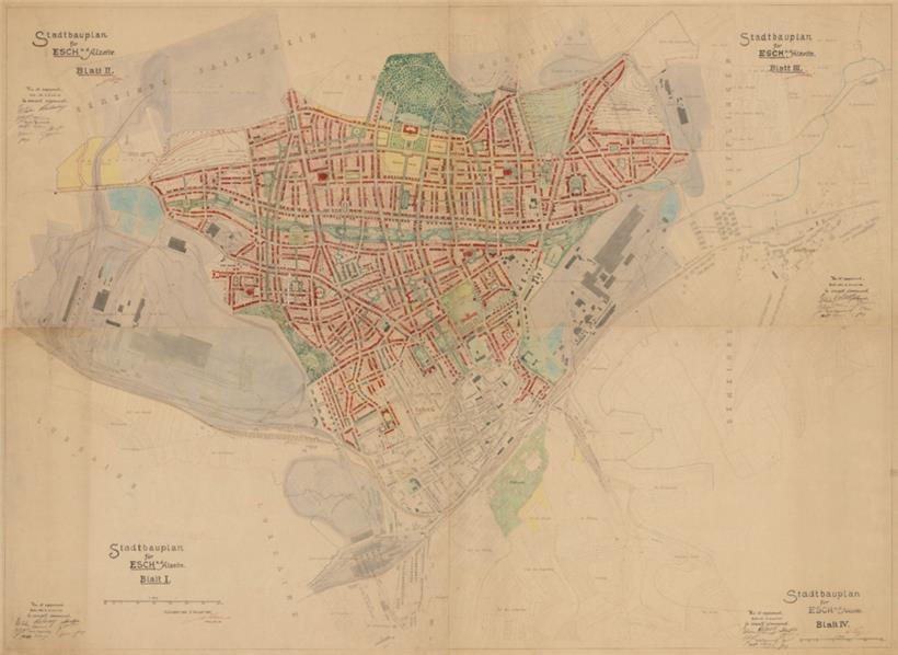 Josef Stübben, Stadtbauplan für Esch a. d. Alzette, Plan in vier Teilen, 1925
