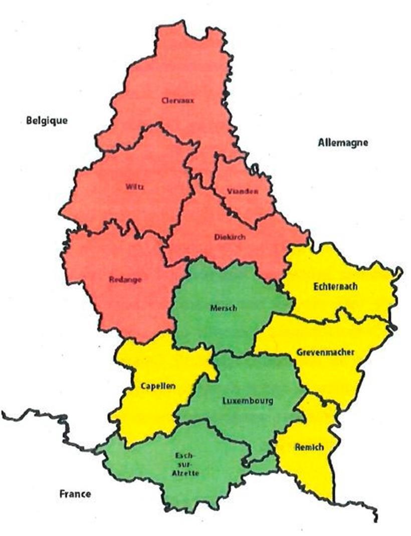 Kantone mit hohem (rot), mittlerem (gelb) und niedrigem Risiko (grün)
