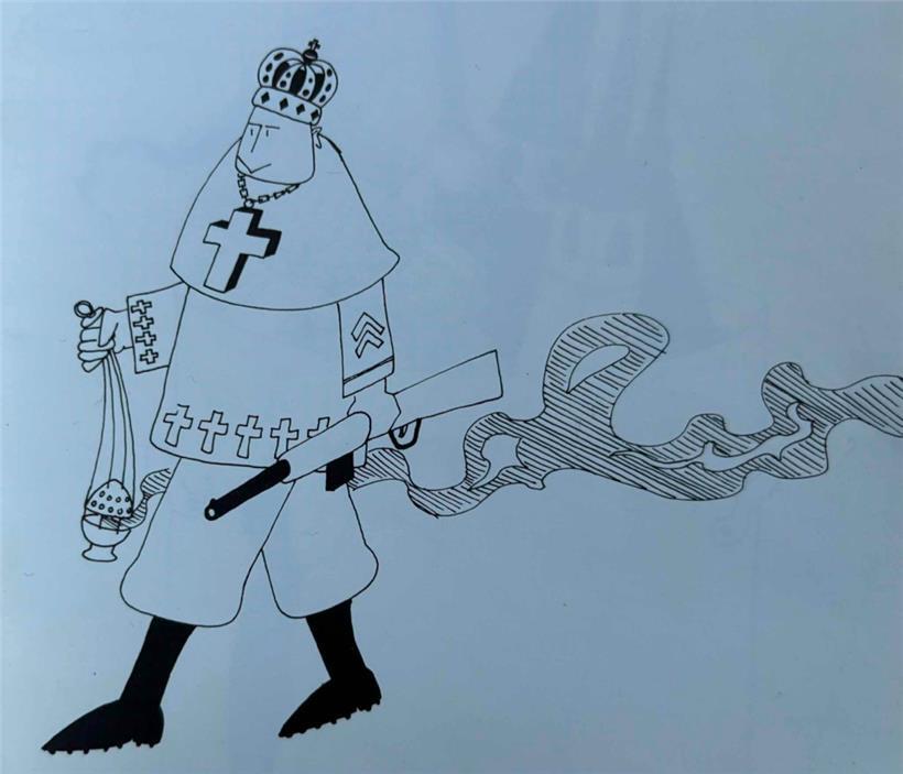 Karikatur von Guy W.Stoos aus dessen 1979 in Esch/Alzette erschienenen Buch „Hochdruck – Cartoons“. Über 40 Jahre hinweg veröffentlichte Stoos Zeichnungen und Fotomontagen, die die Monarchie kritisierten und infrage stellten.
