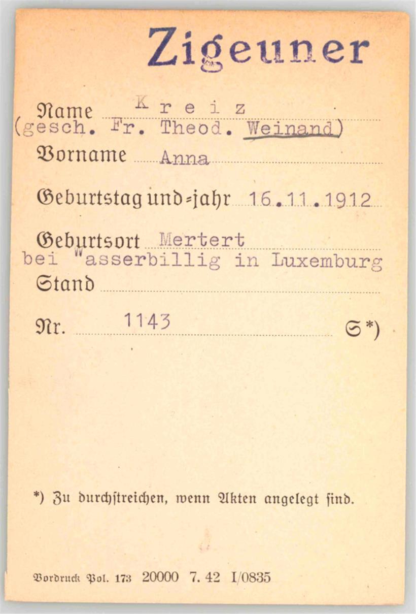 Karteikarte der als „Zigeunerin“ klassifizierten Luxemburgerin Anna Kreiz
