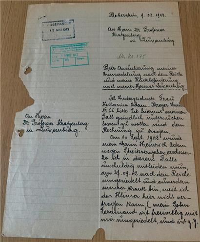 Katharina Adam-Breyer, nach Niederschlesien umgesiedelte Ehefrau von Henri Adam, der das Signal zum Streik auf Arbed Esch-Schifflingen gab und von den Nazis hingerichtet wurde, schreibt an Damian Kratzenberg, Landesleiter der VdB, mit der Bitte um Rückkehr nach Luxemburg. Ihre Bitte wird vom CdZ abgelehnt.
