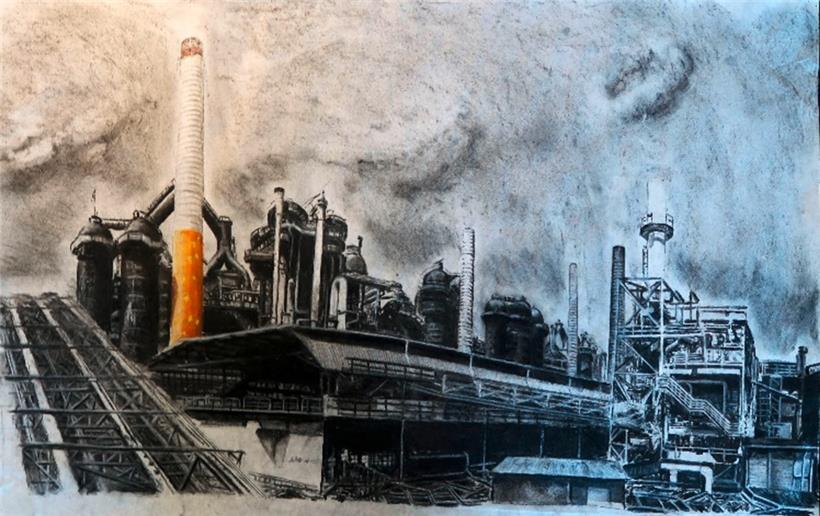 Kohlezeichnung als Projektskizze für die „Torches of Freedom“ in der Völklinger Hütte
