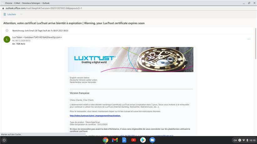 Kriminelle haben in diesem Fall versucht, persönliche Daten von LuxTrust-Kunden durch Phishing zu ergaunern 

