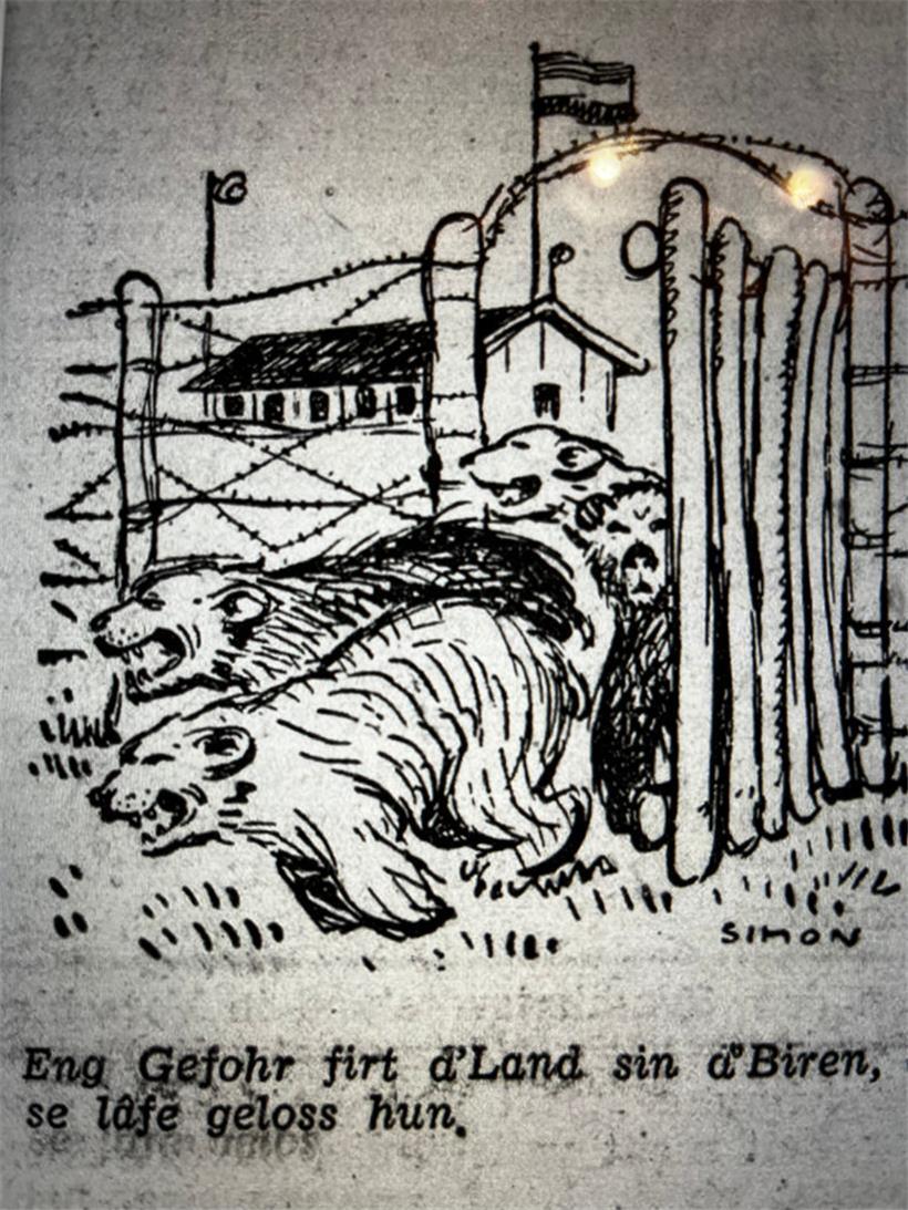 La peur du „collabo italien“ est thématisée dans ce dessin de Simon publié dans l’Escher Tageblatt du 17 mars 1945
