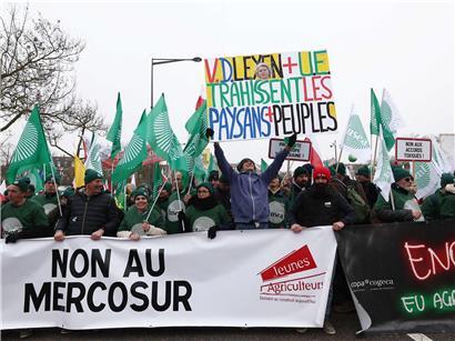 Landwirte protestieren mit Fahnen und Transparenten vor dem Europäischen Parlament gegen EU-Mercosur-Freihandelsabkommen